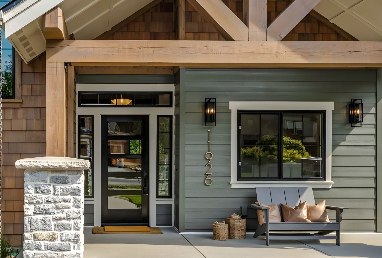 Satin brass Emtek modern house numbers in a sleek satin brass finish, mounted on this contemporary Anthem Pacific exterior home wall, providing clear visibility and a sophisticated look to enhance curb appeal.