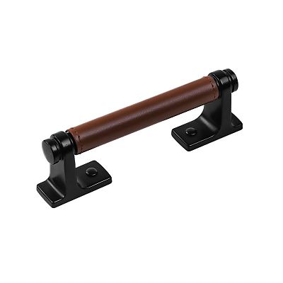 Belwith-Keeler Reserve 3-3/4" (96mm) Center-to-Center Cabinet Pull (Matte Black with Brown Leather)