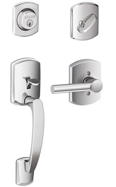 Schlage F60 V GRW Greenwich Single Cylinder Handleset With Broadway Lever – Satin Nickel, Adjustable Fit, Grade 1 Deadbolt