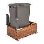 Rev-A-Shelf Single Silver 50 Qt. Walnut Bottom Mount Pullout Waste Container w/ (1) Lid and BLUM Soft-Close Slides