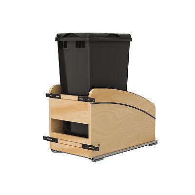 Rev-A-Shelf Craftsman Collection Single Black 50 Qt. Solid Maple Bottom Mount Pullout Waste Container w/ Black Accents, (1) Lid and BLUM Soft-Close Slides for 15" Base Cabinets