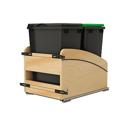 Rev-A-Shelf Craftsman Collection Double Black 35 Qt. Solid Maple Bottom Mount Pullout Waste Container w/ Black Accents, (2) Lids and BLUM Soft-Close Slides for 18" Base Cabinets