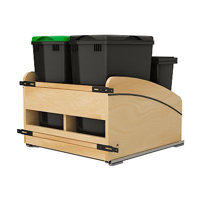 Rev-A-Shelf Craftsman Collection Double Black 32 Qt. Solid Maple Bottom Mount Pullout Waste Container w/ Black Accents, (2) 32 Qt. Lids, (2) 8 L Compost Bins/Lids and BLUM Soft-Close Slides for 24" Base Cabinets