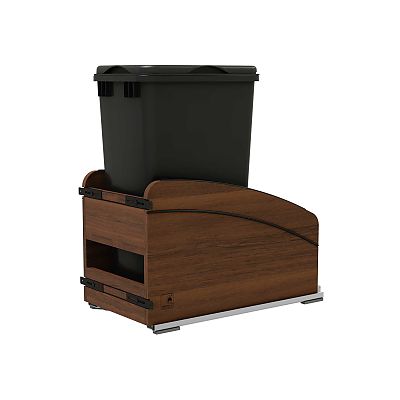 Rev-A-Shelf Craftsman Collection Single Black 50 Qt. Solid Walnut Bottom Mount Pullout Waste Container w/ Black Accents, (1) Lid and BLUM Soft-Close Slides for 15" Base Cabinets