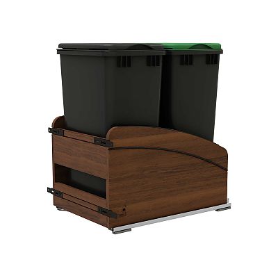 Rev-A-Shelf Craftsman Collection Double Black 50 Qt. Solid Walnut Bottom Mount Pullout Waste Container w/ Black Accents, (2) Lids and BLUM Soft-Close Slides for 18" Base Cabinets