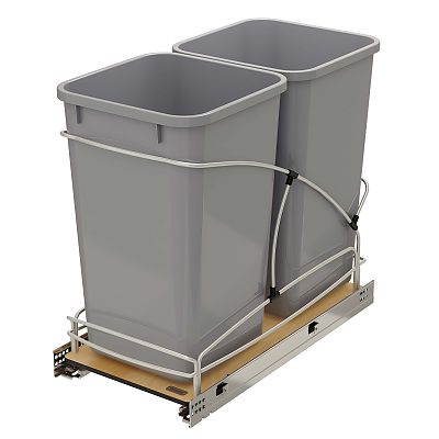 Rev-A-Shelf Double Silver 27 qt. Steel Bottom Mount Pullout Waste Container w/Soft Close for 15" Base Cabinets