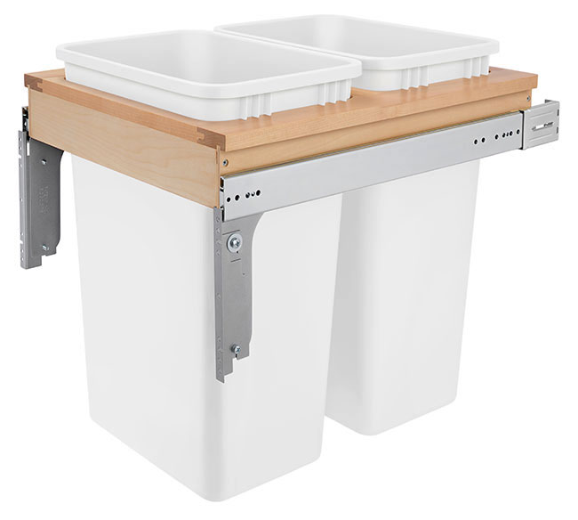 Rev-A-Shelf Single 35 Qt Wood Bottom Mount Pullout Under Cabinet Trash Can Waste Container With Full Extension Ball Bearings, Maple Wood, 4WC-15DM1