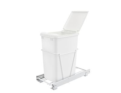 Rev-A-Shelf Single White 35 Qt. White Steel Wire Bottom Mount Waste Container w/ Lid and Full-Extension Slides for Reduced Depth 15" Base Cabinets