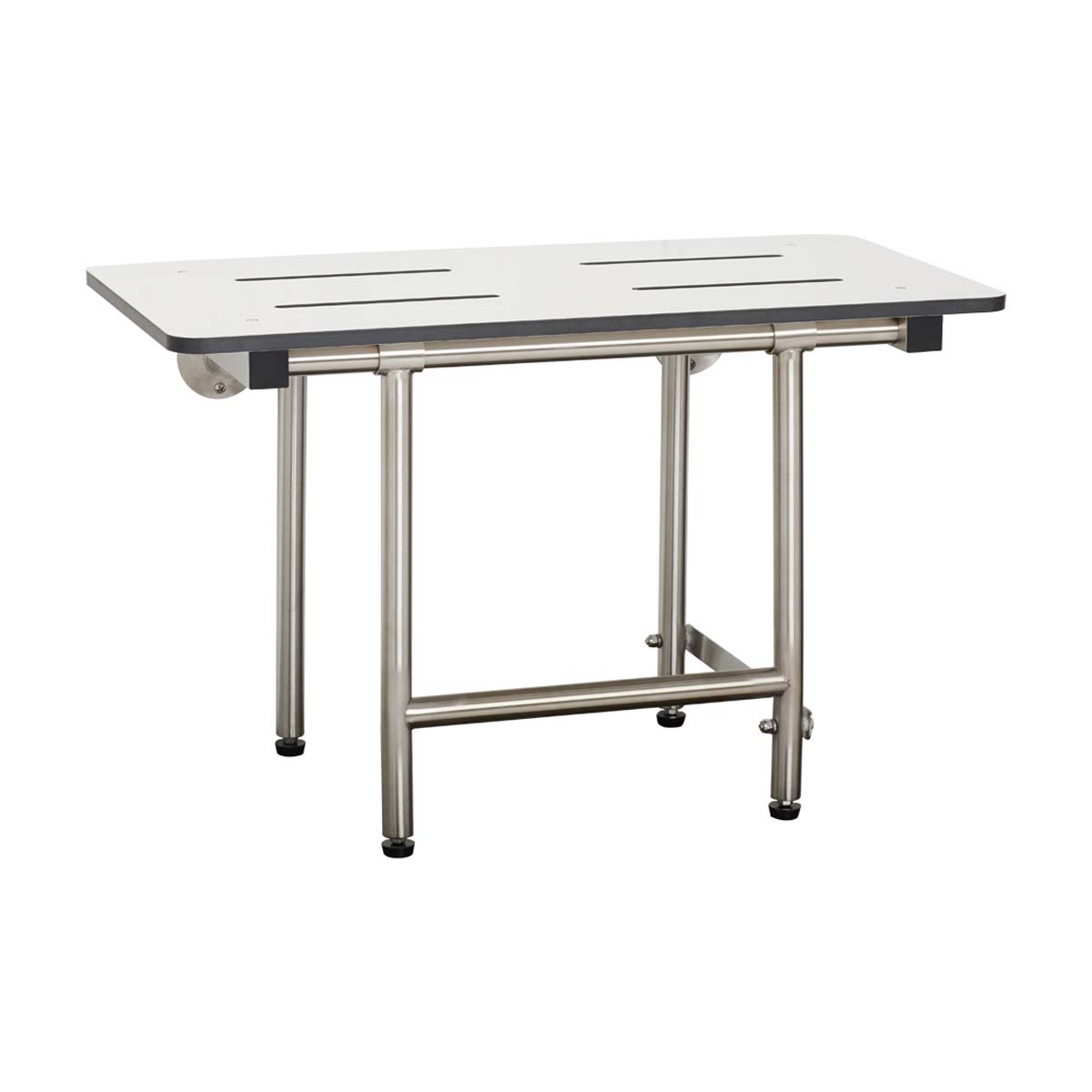 Seachrome 42in. x 20in. Bench Style Folding Shower Seat w/Swing Down Legs and Lift Assist (Stainless Steel/White Phenolic) Questions & Answers
