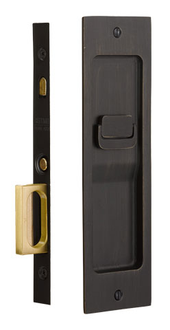 Emtek Sandcast Bronze Rustic Modern Mortise Pocket Door Privacy Latch (Medium Bronze Patina - 2-1/4in. Thickness) Questions & Answers