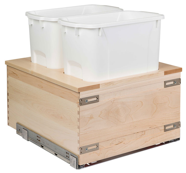 Century Signature Double 50qt. Wood Door Mount Pullout Waste Container w/Soft-Close (Maple/White Polymer) Questions & Answers
