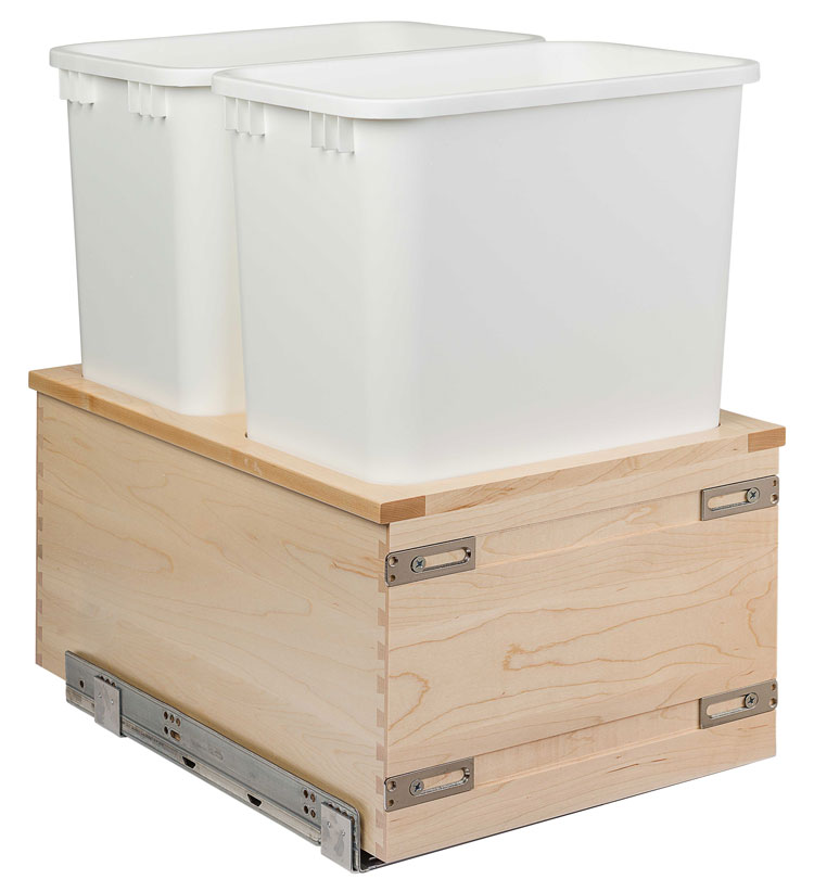 Century Signature Double 34qt. Wood Door Mount Pullout Waste Container w/Soft-Close (Maple/White Polymer) Questions & Answers