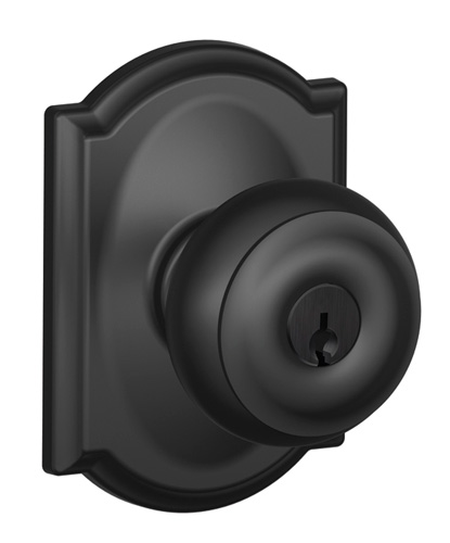 Schlage Georgian Door Knob Set with Camelot Trim (Keyed Entry - Matte Black - Adjustable Backset) Questions & Answers